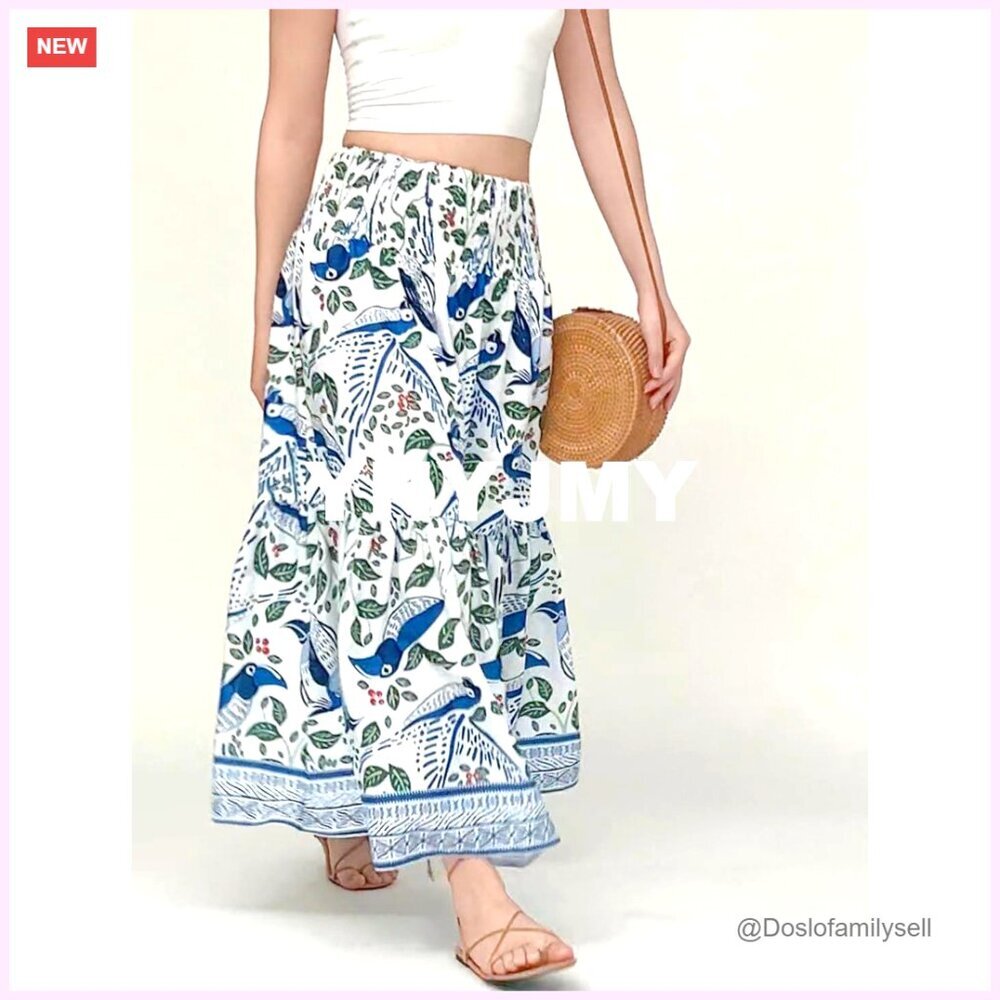Women's High Waist Elastic Pleated A-Line Maxi Skirt Flowy Long Boho - Picture 7 of 7